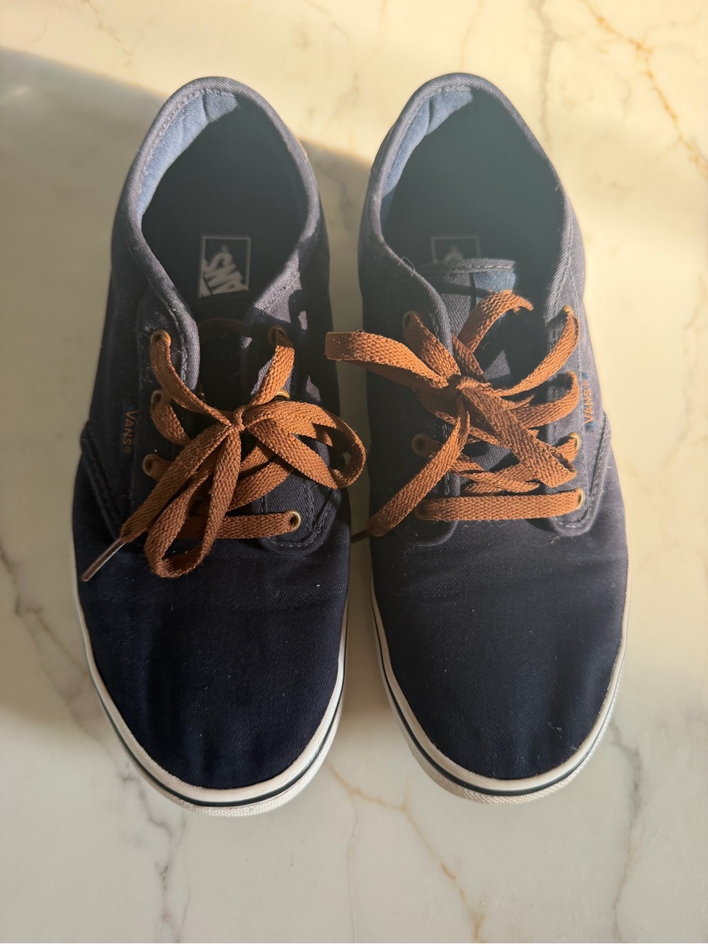 Vans Navy Canvas Low-Top Sneakers with Brown Laces sz. youth 7, fits women 8.5